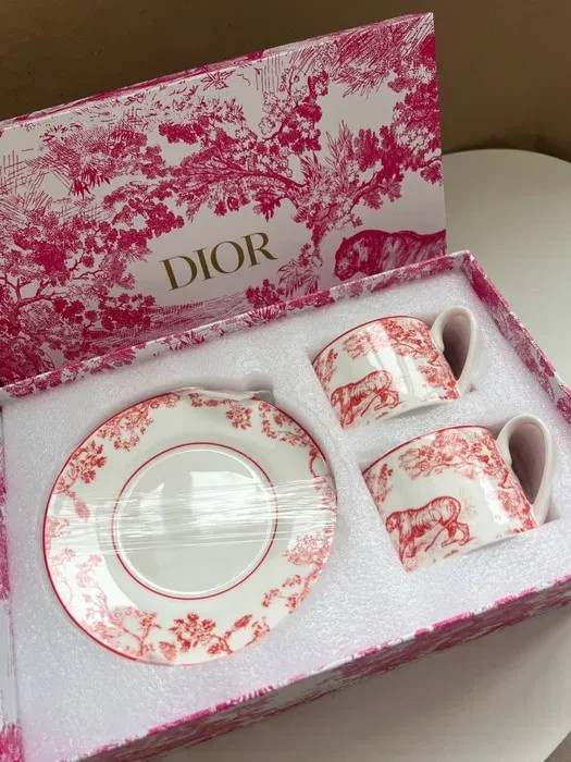 Dior Toile de Jouy Pink Red Tiger Porcelain Mug Tea Cup Saucer Set for 2 Gift