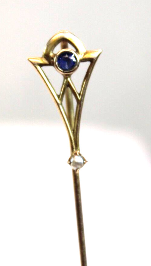 ANT 10K (marked) Gold Stickpin w Sapphire & River Pearl very delicate Victorian