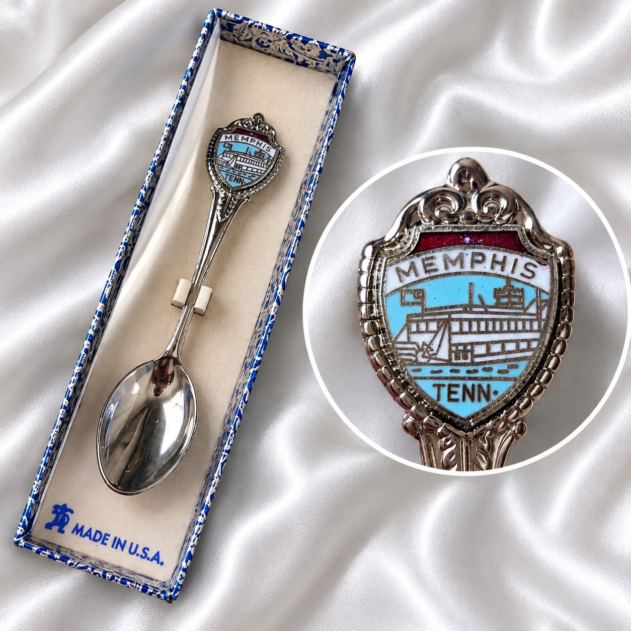 Vintage Memphis TN Souvenir Spoon Fort USA Enamel Riverboat Original Box