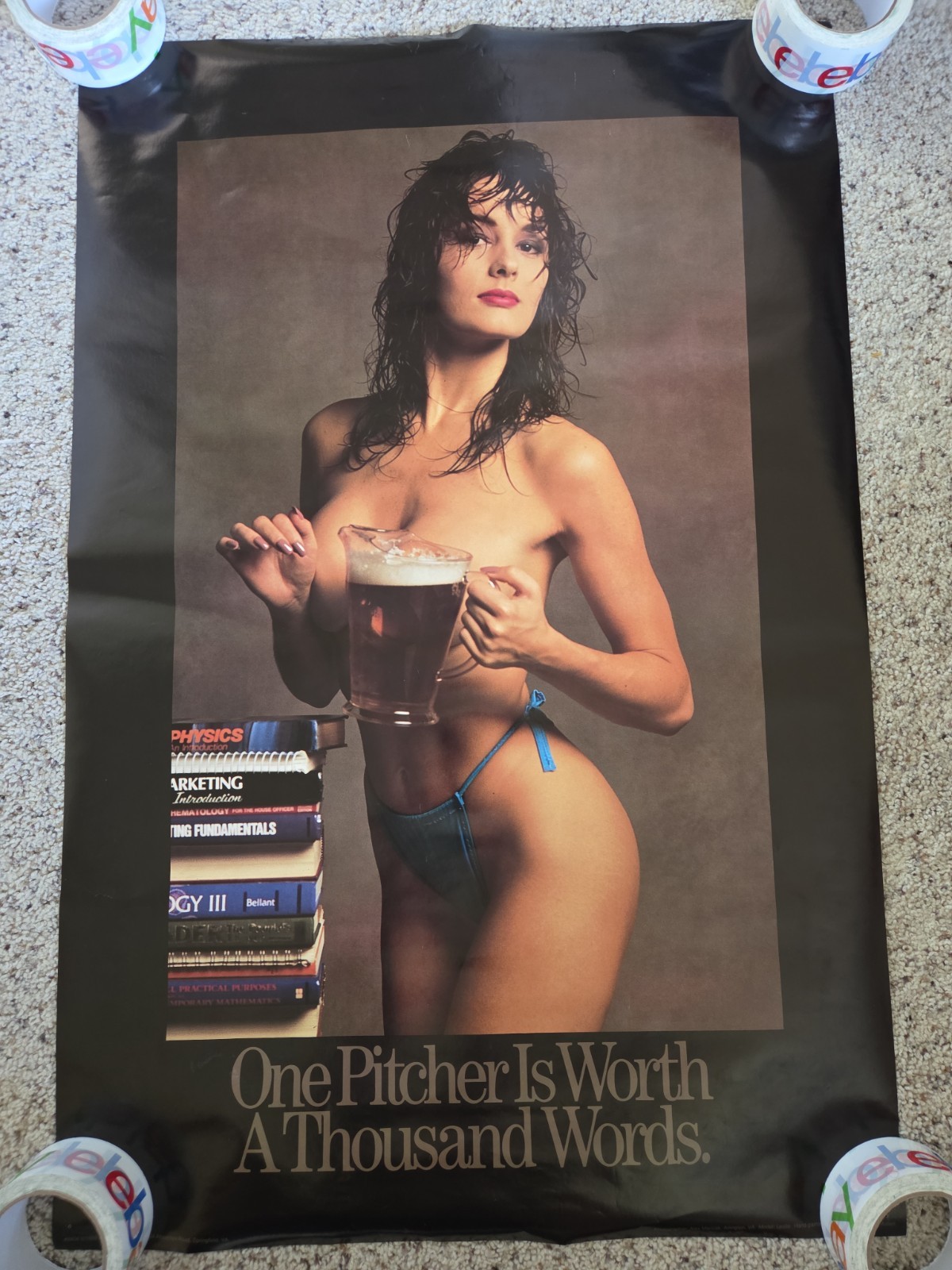 Vtg 1988 Poster One Pitcher Is Worth A Thousand Words Pinup Girl College Beer 
