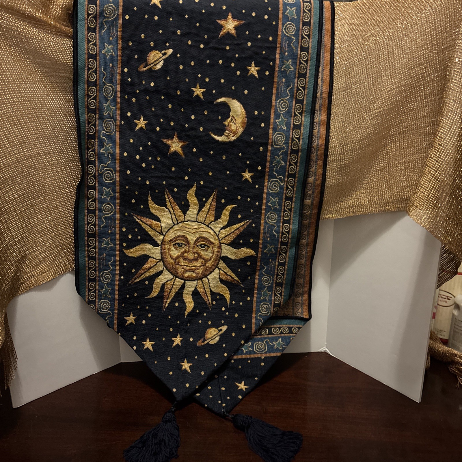 Vintage Antique 1990s Celestial Sun Moon Table Runner Blue