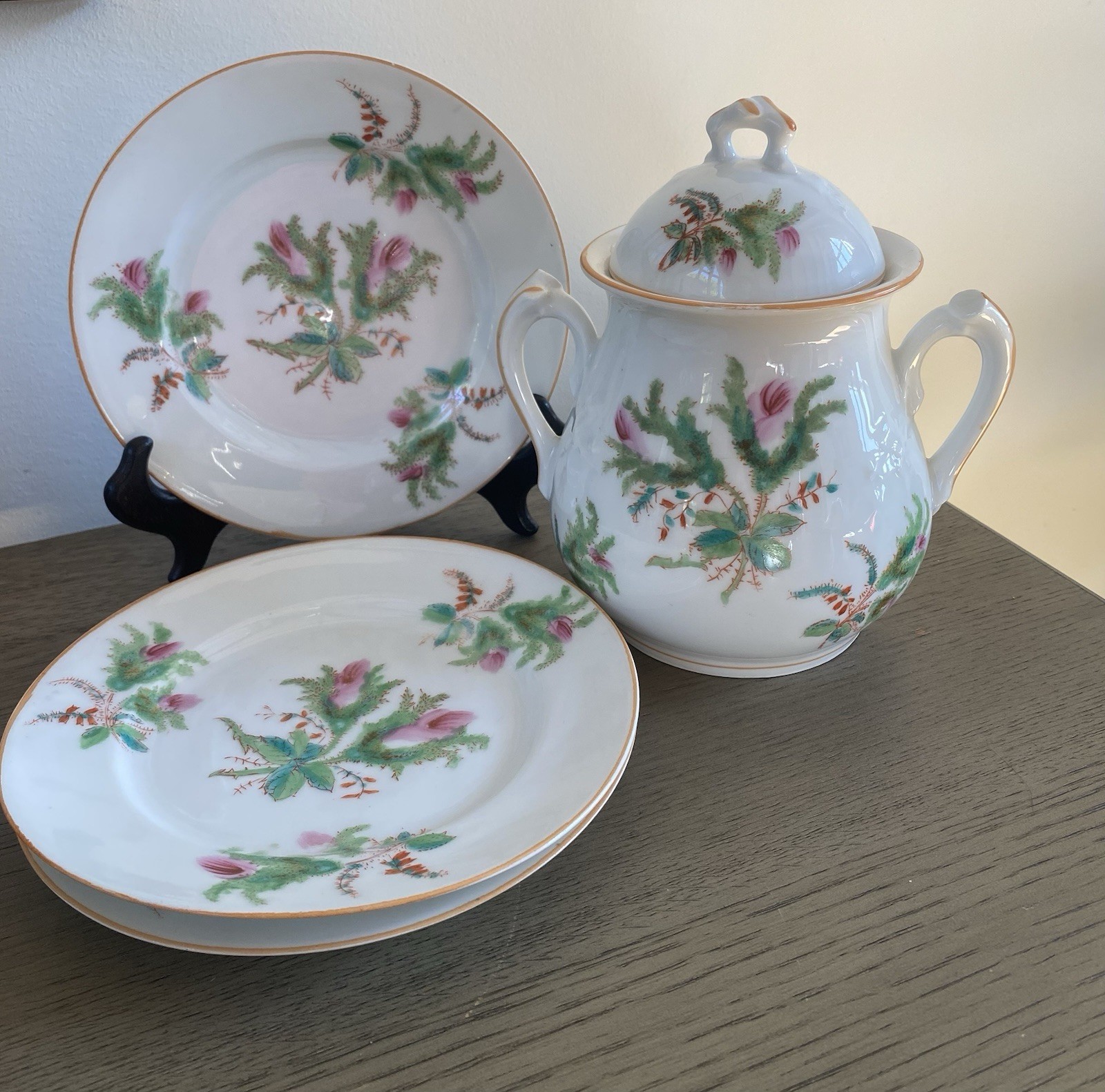 Antique Haviland Limoges Moss Rose Biscuit Jar And 3 Salad Plates