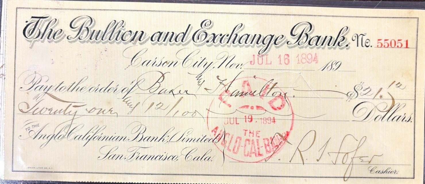 1894 Carson City Nevada Old West Bank Check - The Bullion and Exchange Bank 
