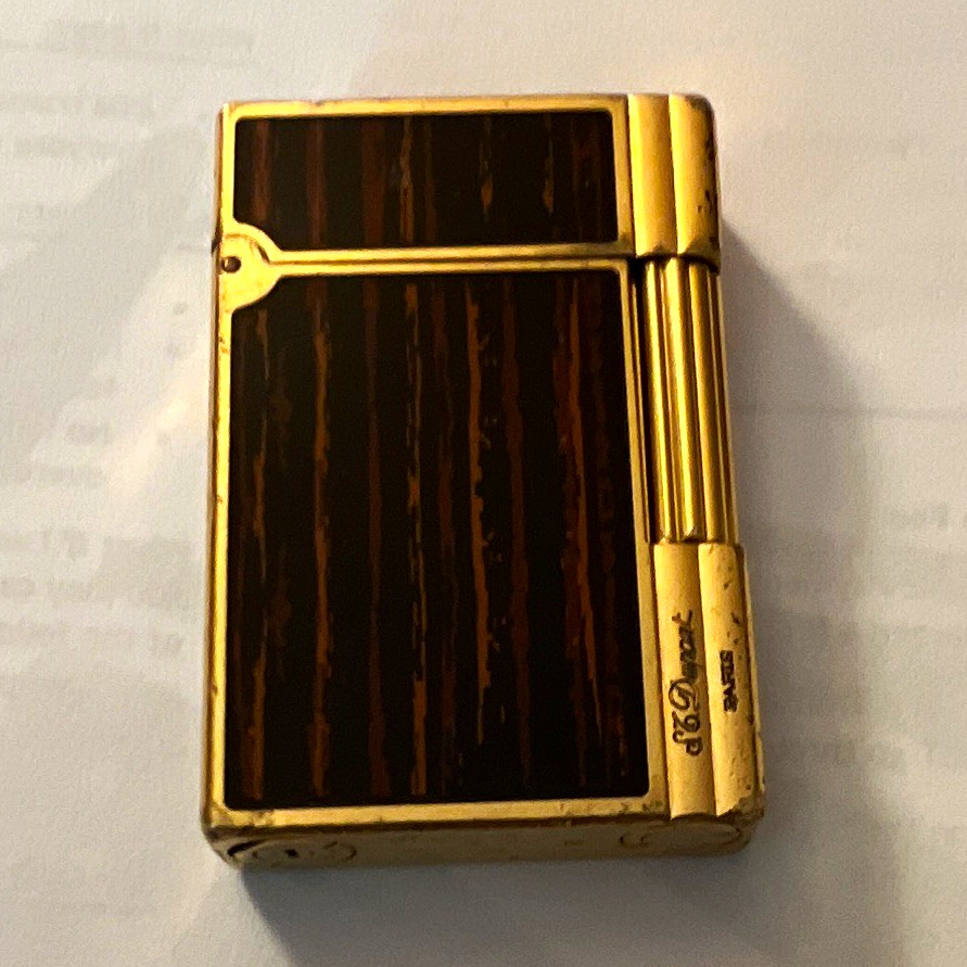 S.T. Dupont Gold Tone Lighter w/ Dark Brown Panel, Wood Finish Collectible