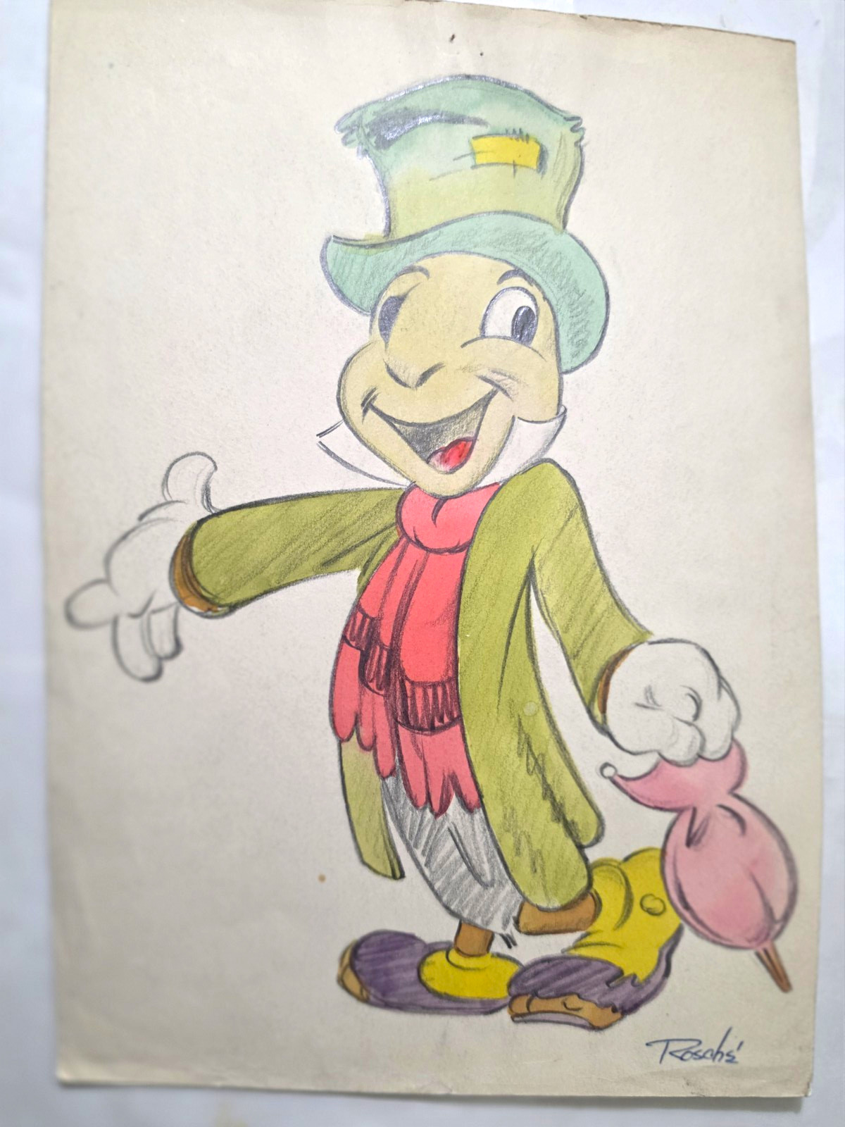 Disney Jiminy Cricket Pinocchio 1940s Original Signed Robert Roschè Drawing