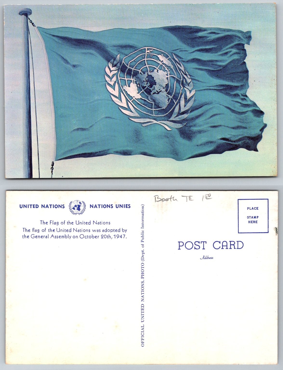Vintage United Nations UN Flag Postcard 1947 Adoption Official Photo UNIES