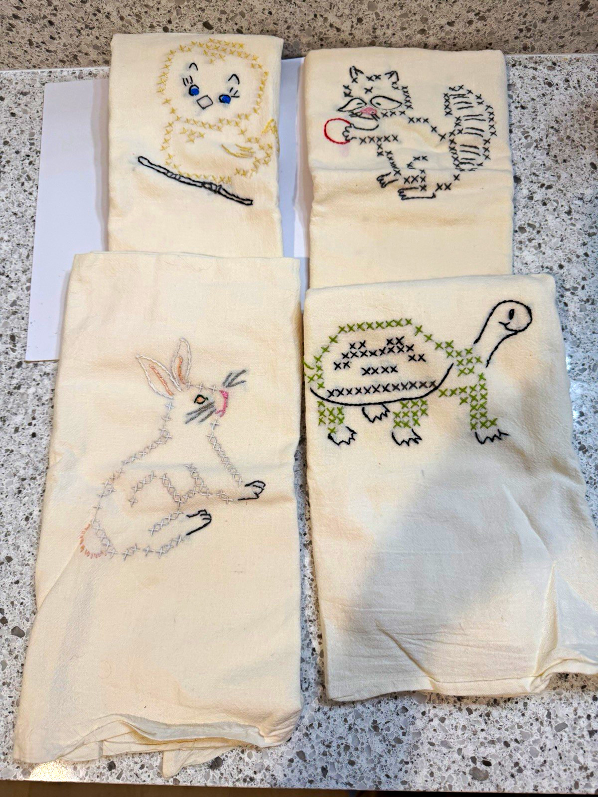 Vintage Hand Embroidered Tea Towels Set of 4 Animals Cross Stitch 24x26 Folk Art