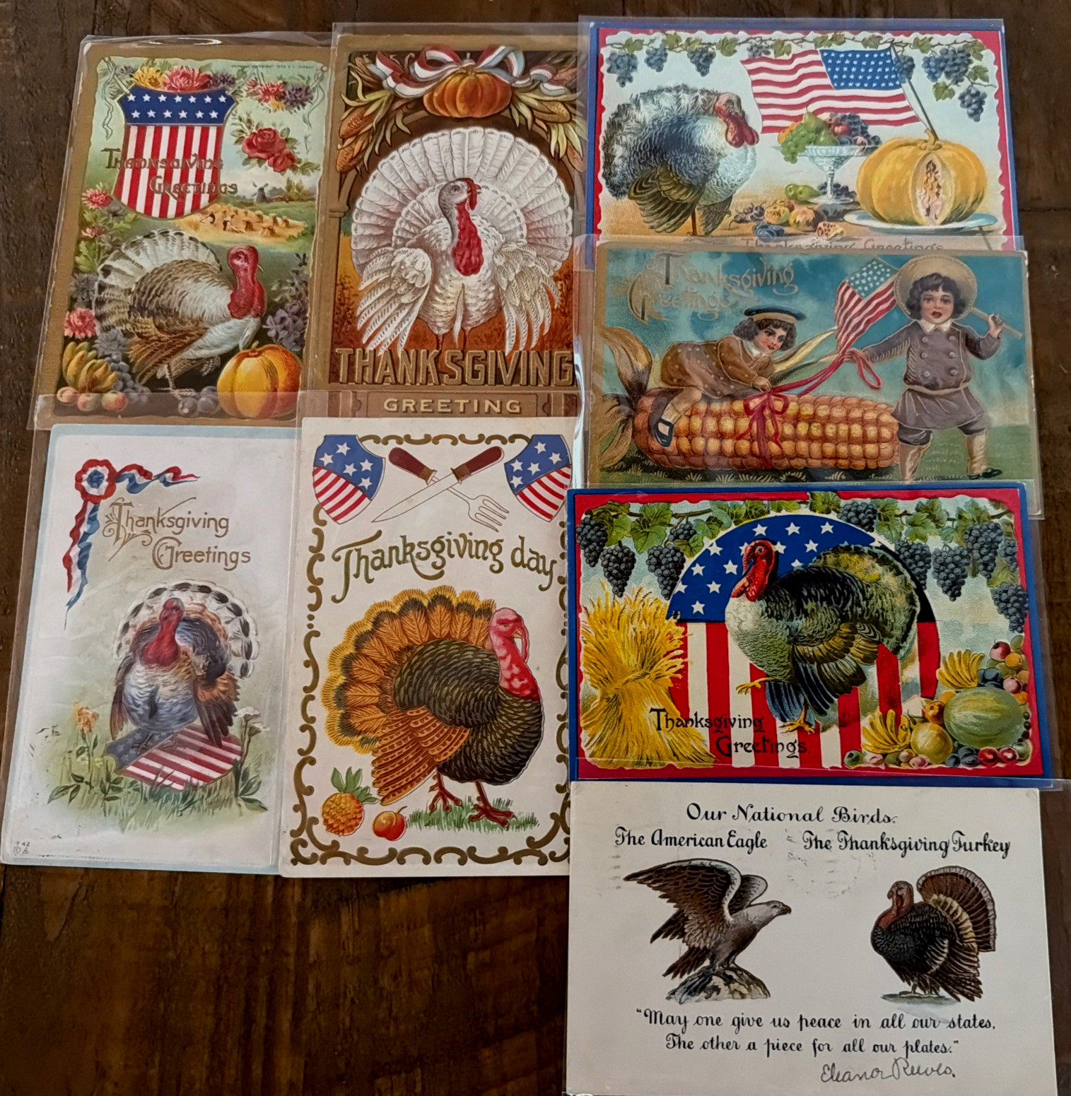 Nice ~Lot of 8 Vintage~Patriotic~Thanksgiving Postcards~Turkeys~Flags~etc.~s634