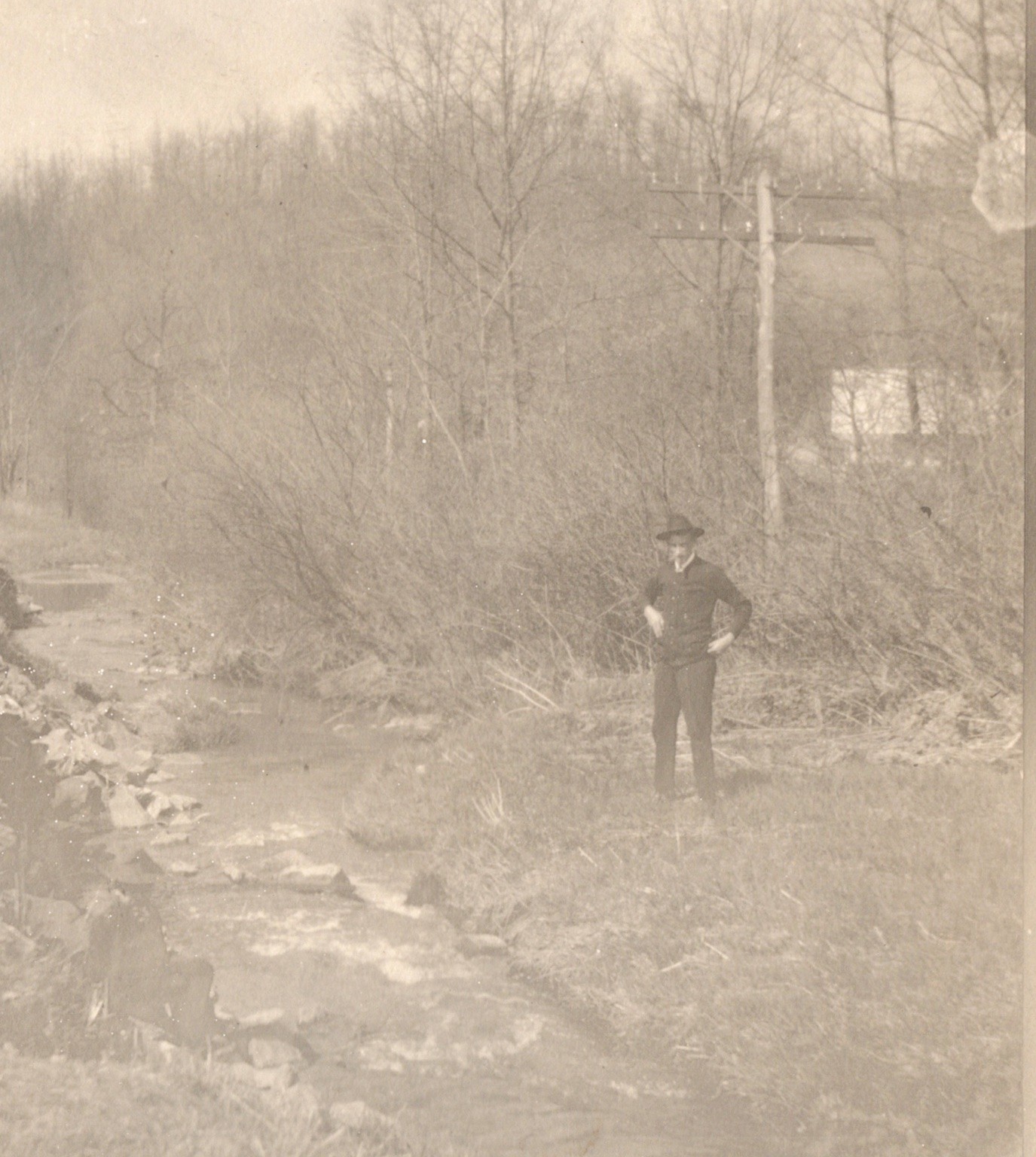 Vintage RPPC Man in Hat by Stream Rural Landscape Real Photo Postcard c1910s