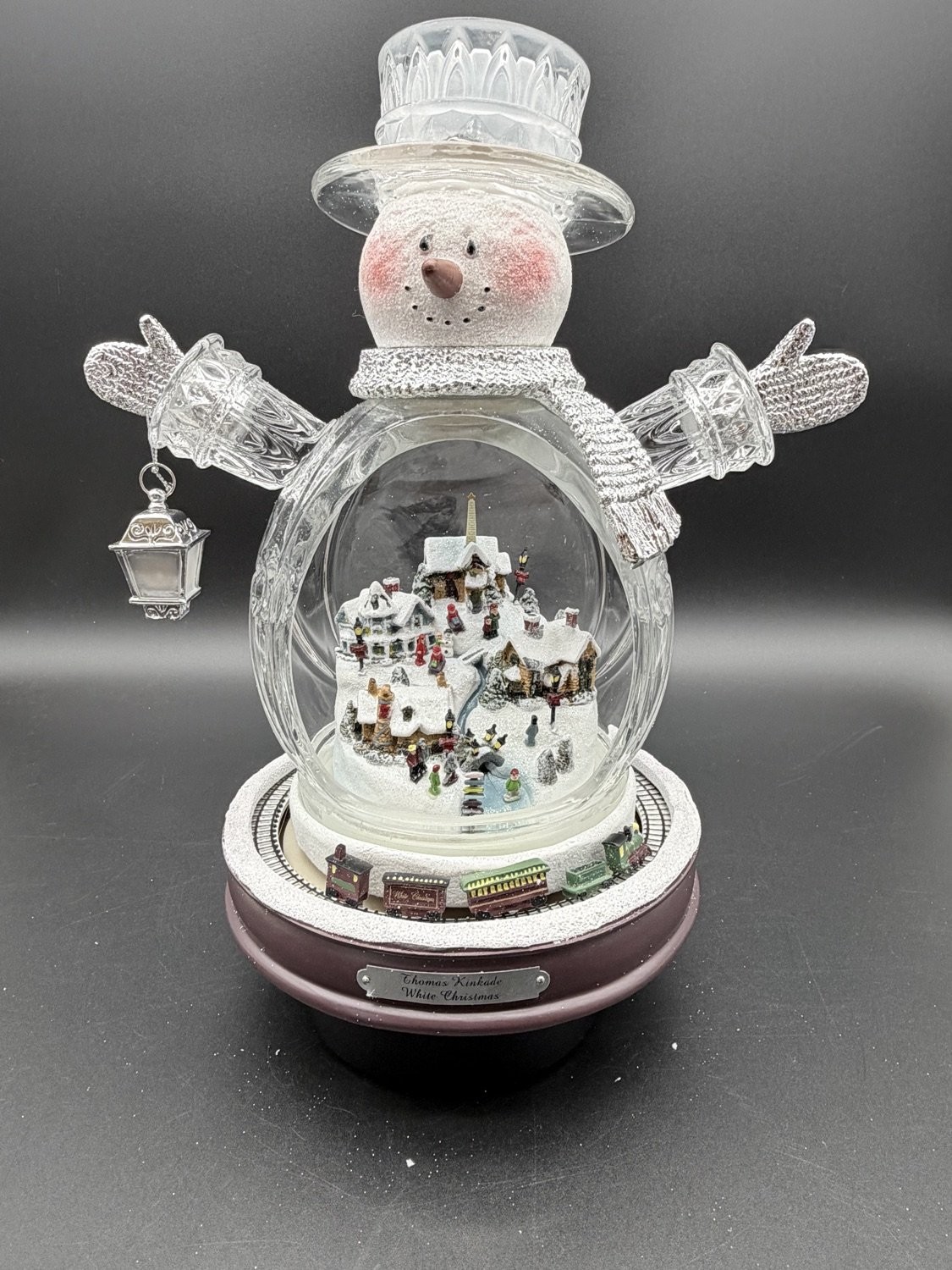 Thomas Kinkade White Christmas Illuminated Snowman Snow Globe Figurine