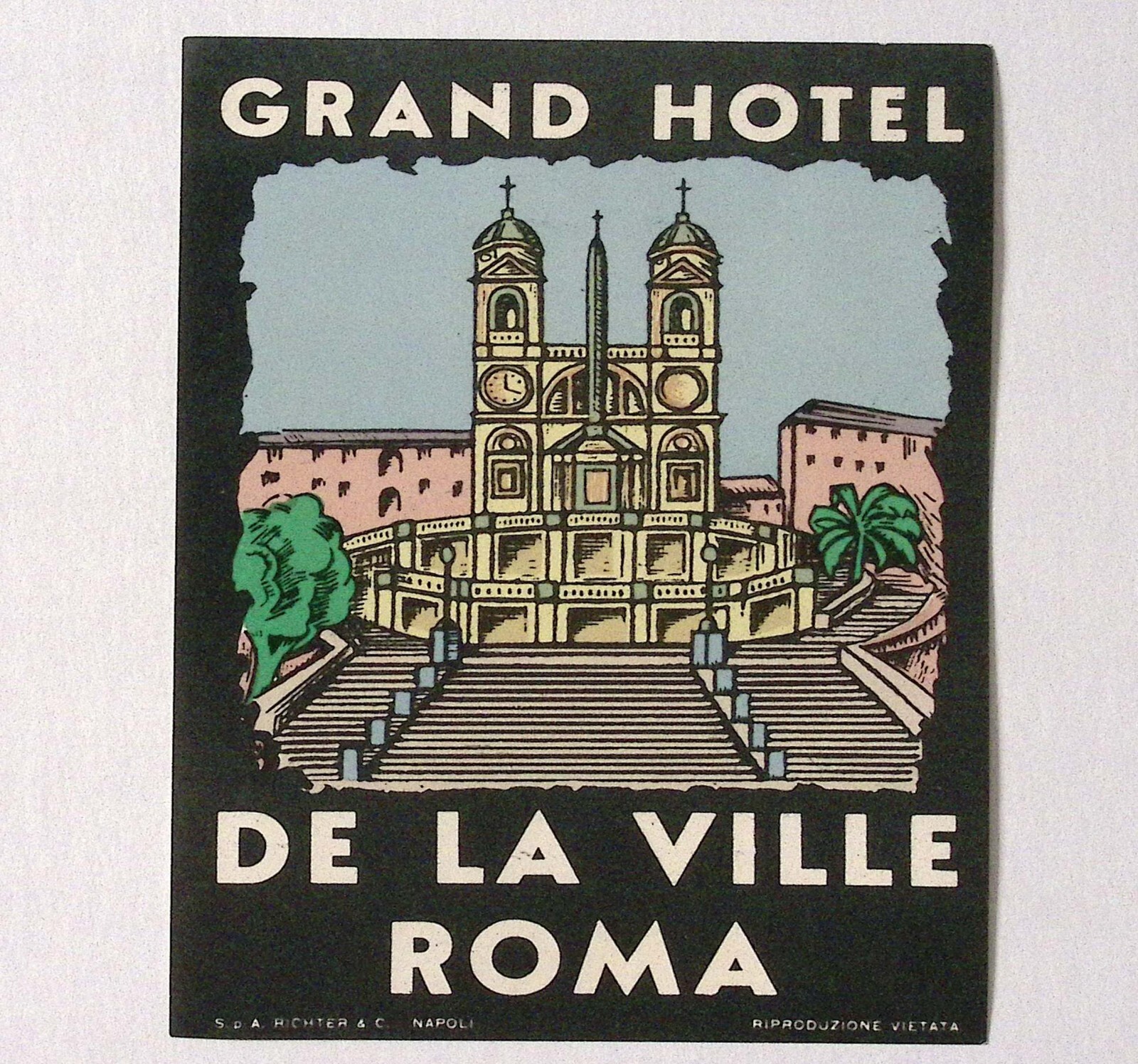Grand Hotel de la Ville Roma ITALY Original 1940s Luggage Label 3.75 x 5.25\