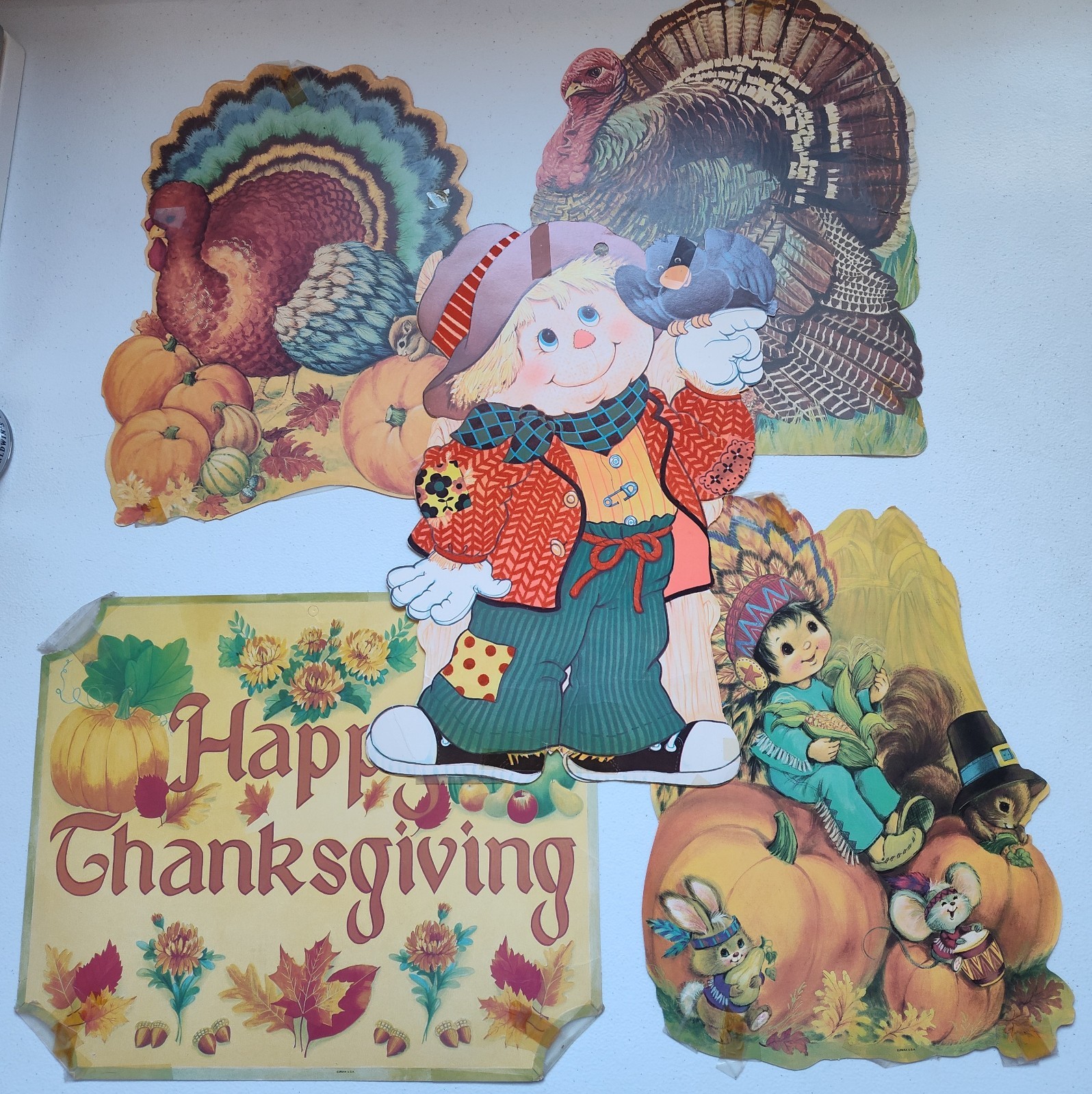 Vintage 1980s Lot Of 5 Die Cut Cutout Cardboard Thanksgiving Fall Decorations 
