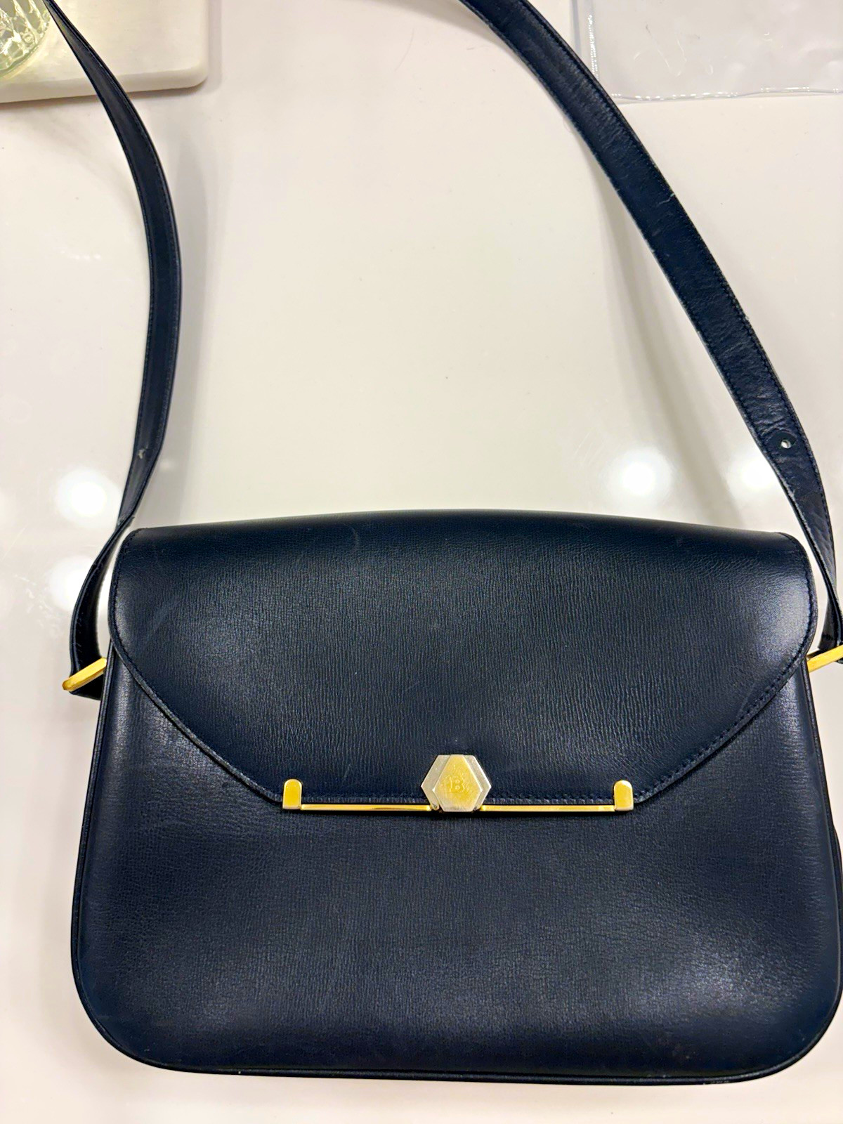 Bally Navy Leather Shoulder Bag Magnetic Flap Gold Hardware Inner Pockets