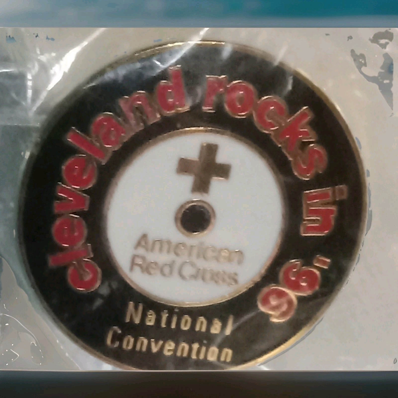 Vintage 1996 Rare Cleveland Rocks Red CROSS Brooch Pin Convention New Estate B7