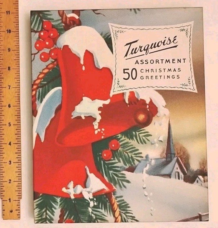 VINTAGE 1940's Christmas Turquois Box 50 Chrismas Greeting Cards w/Envs UNUSED 