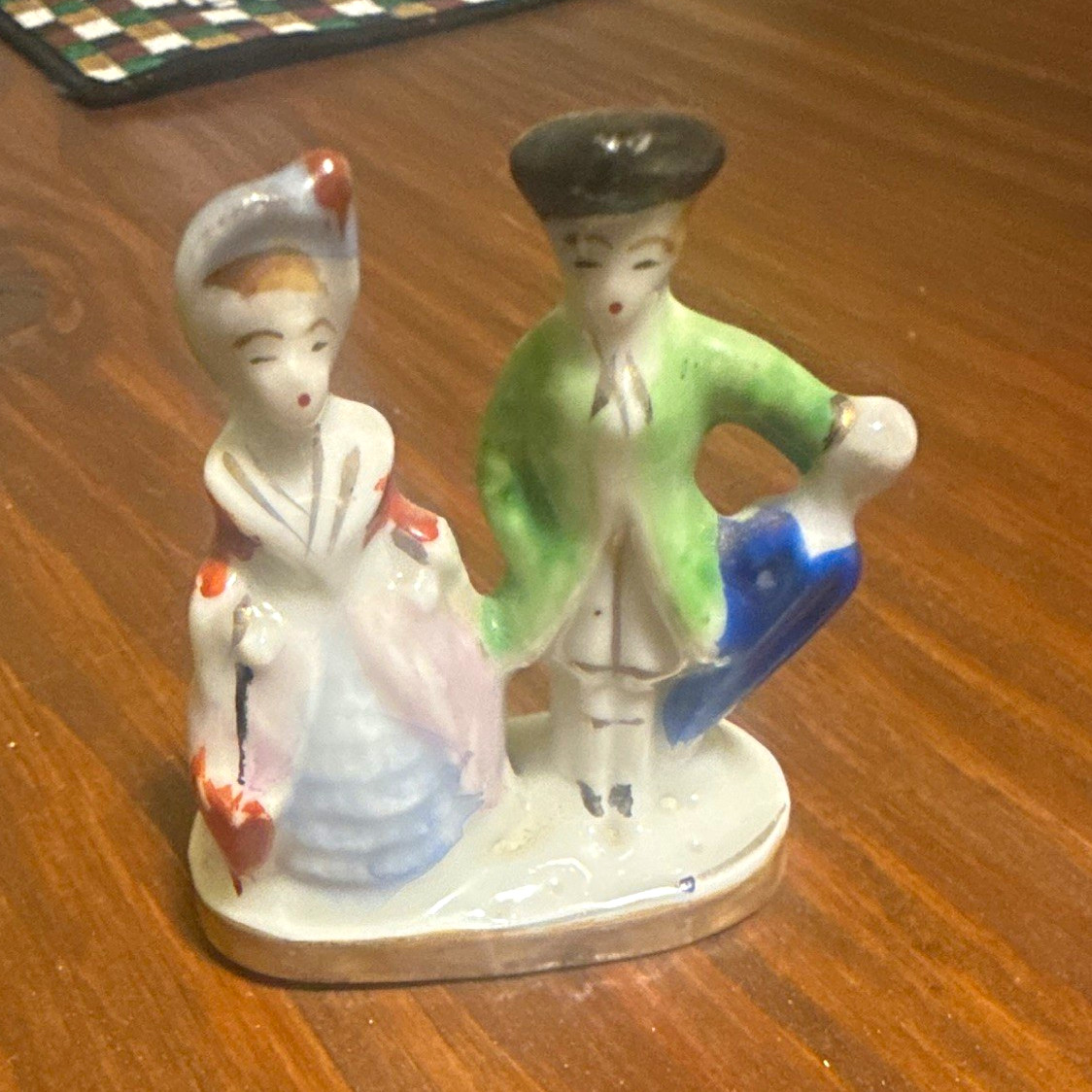 Vintage Japanese Porcelain Couple Figurine on Base Marked Japan Green/Pink