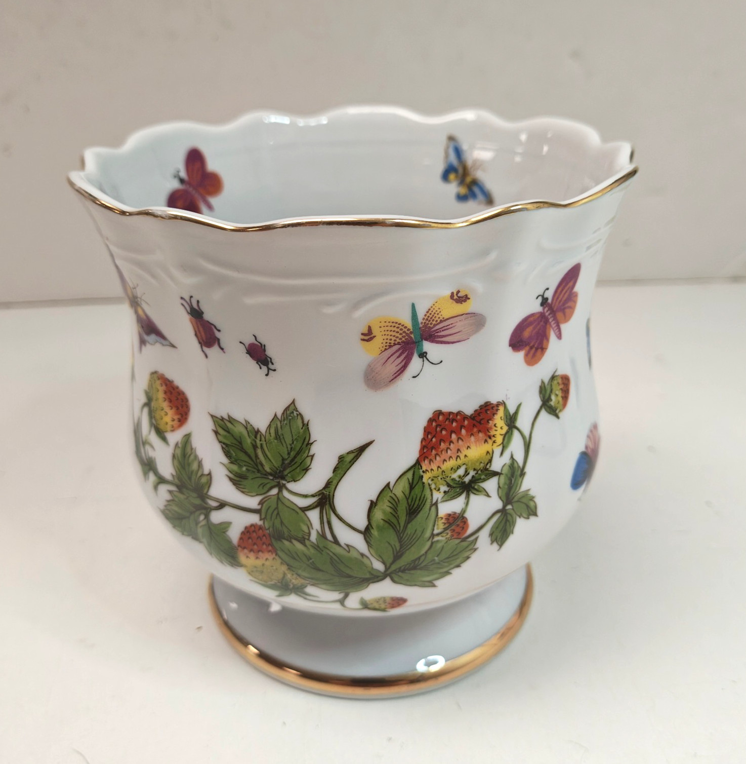Ardalt Lenwile Butterflies Strawberry Ladybug Planter Gold Trim Vase