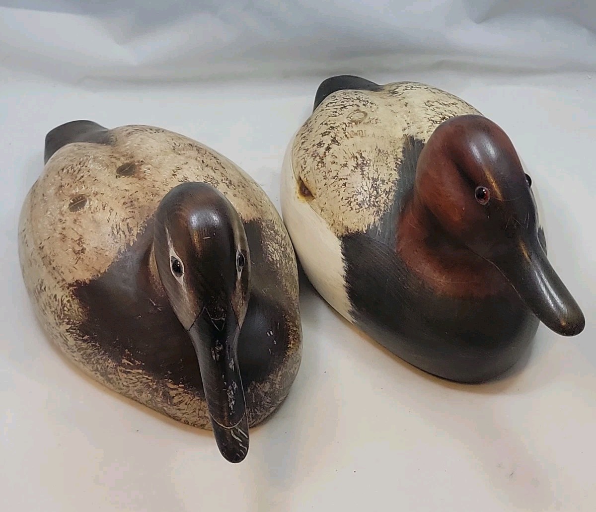 Vintage Hand Carved Wooden Canvasback Duck Pair Matched Drake & Hen Signed