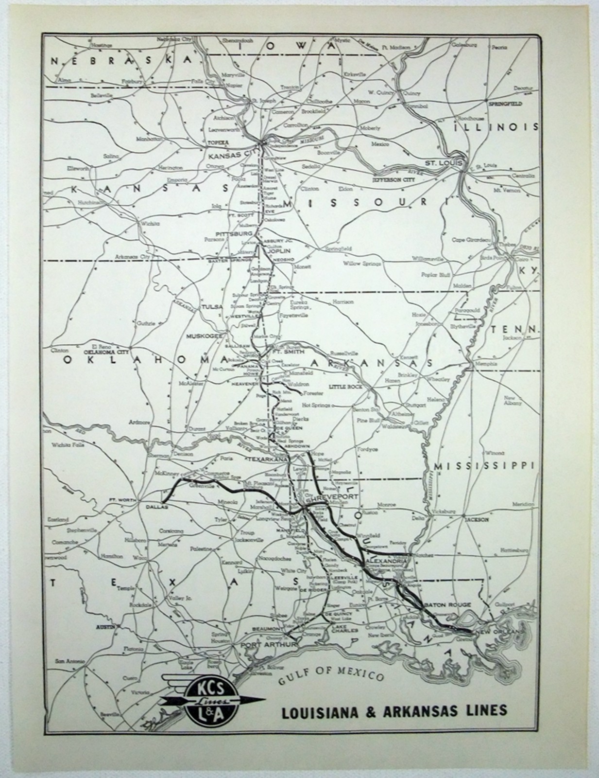 Louisiana & Arkansas  Lines - Original 1941 Railroad System Map. Vintage L&A