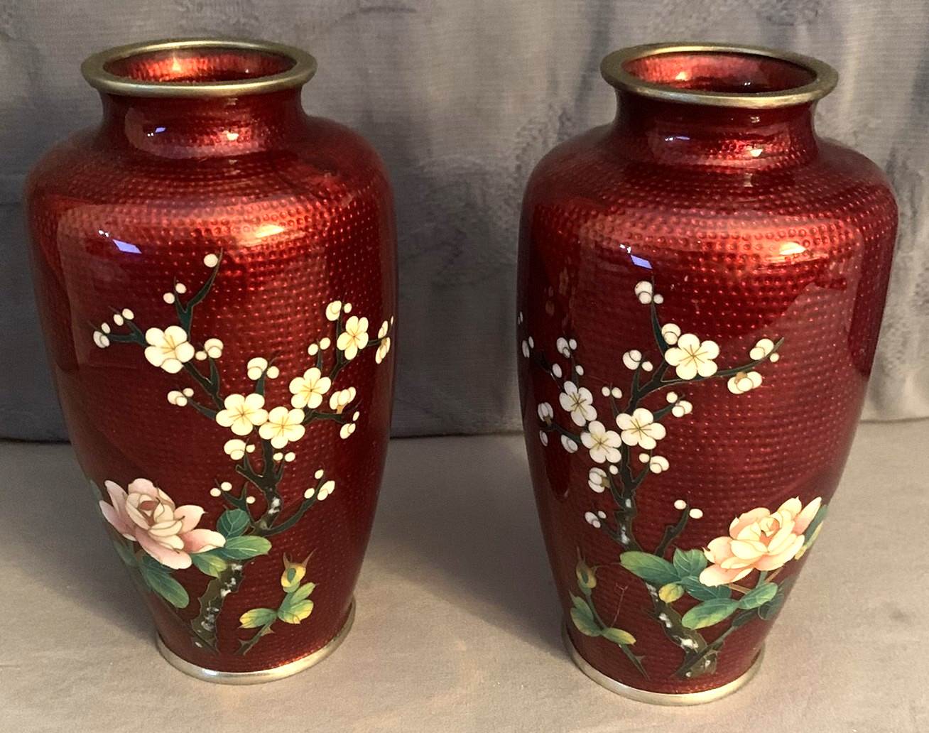Pair of Vintage  Japan  SATO  Cloisonne  Floral Design  Vases