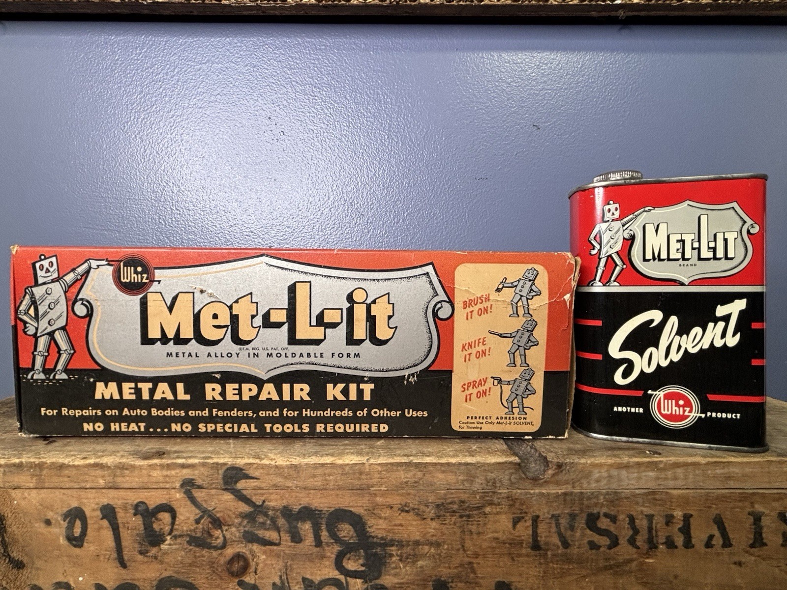 Vintage Original Hollingshead Met-L-It NOS Box Whiz Can Tin Advertising Oil Gas