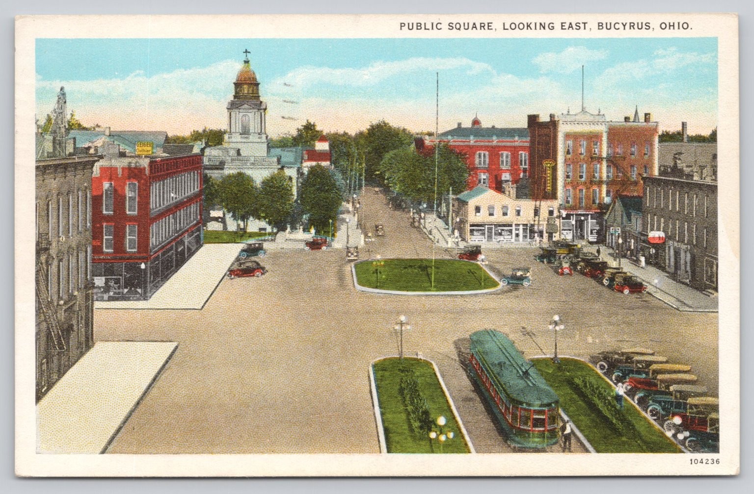 1937 Public Square Bucyrus Ohio Postcard Trolley Cars Main Street Vintage