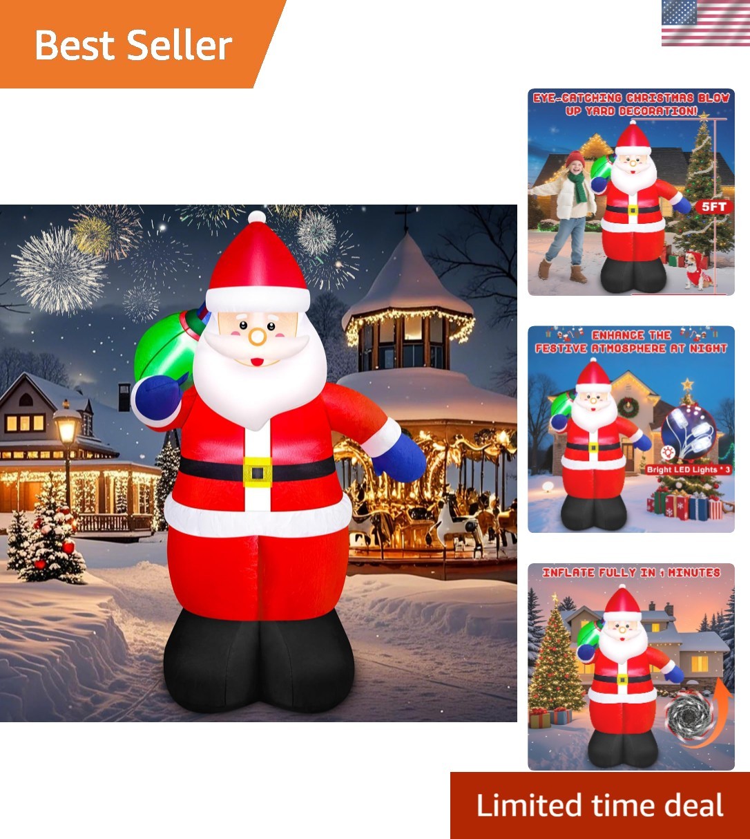 Charming 5FT Christmas Inflatable Santa Claus with Gift Bag - Weather Resistant