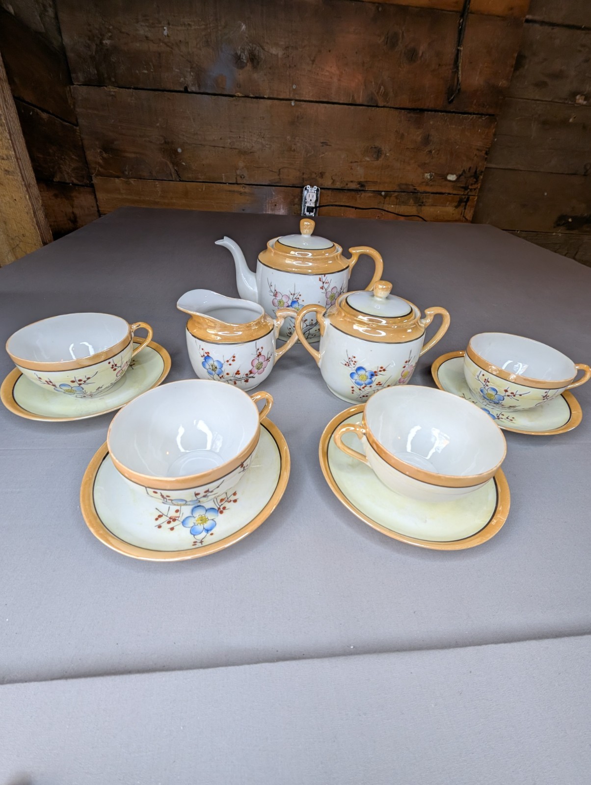 Vintage Made in Japan Tea Set 13 Pc Cherry Blossom Blue Pink Teapot Cups Saucers