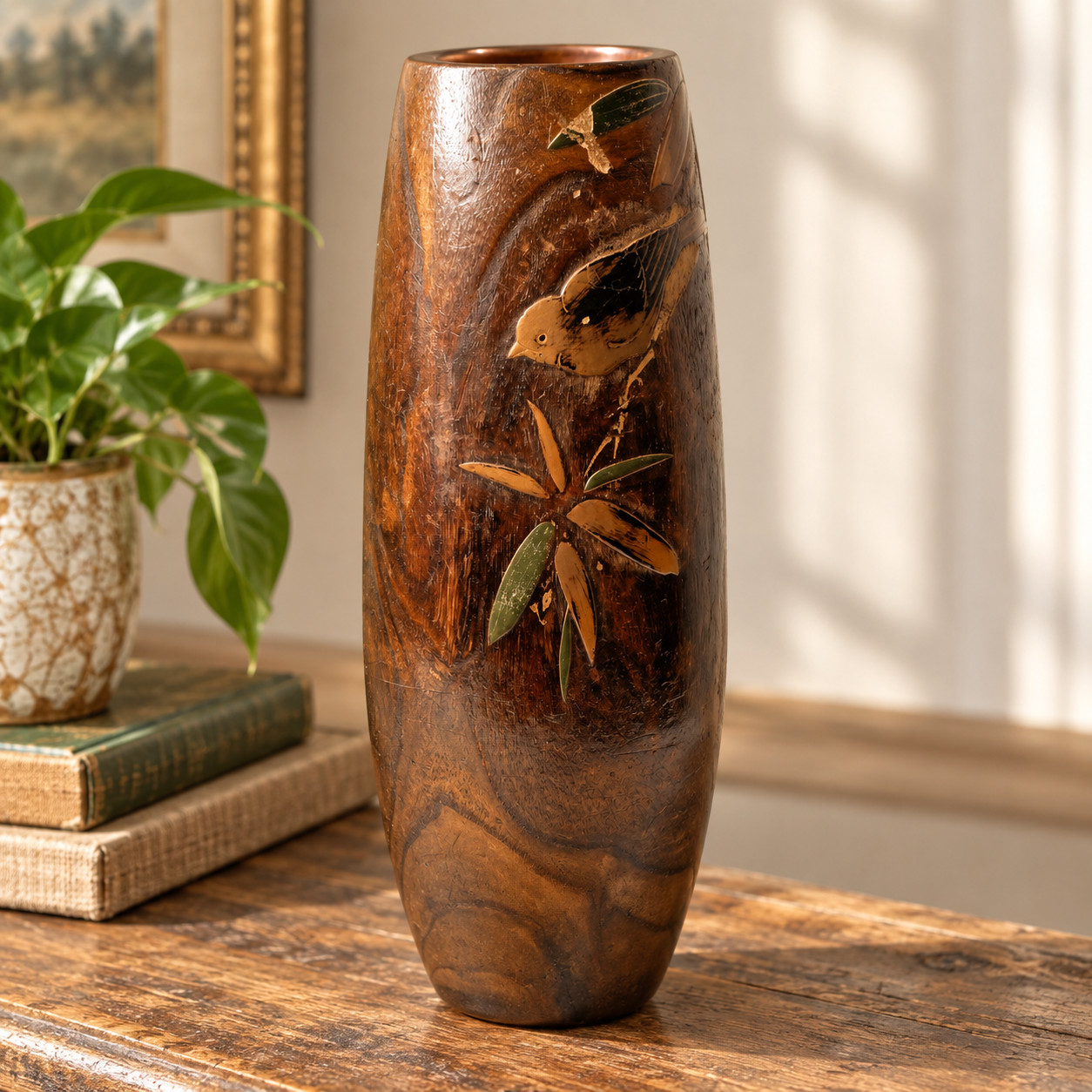 Vintage Japanese Kiri Wood Ikebana Vase Bird Leaf Copper Liner 11.5\