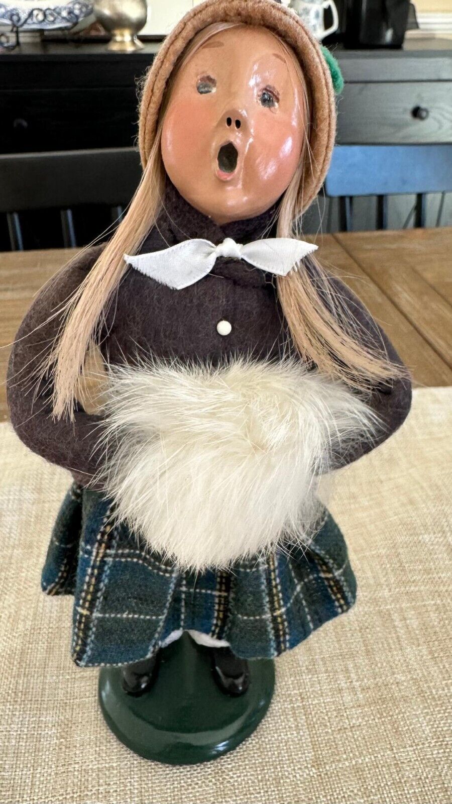VTG Byers Choice Traditional Blond Haired Girl with  Plaid Skirt and Muff 