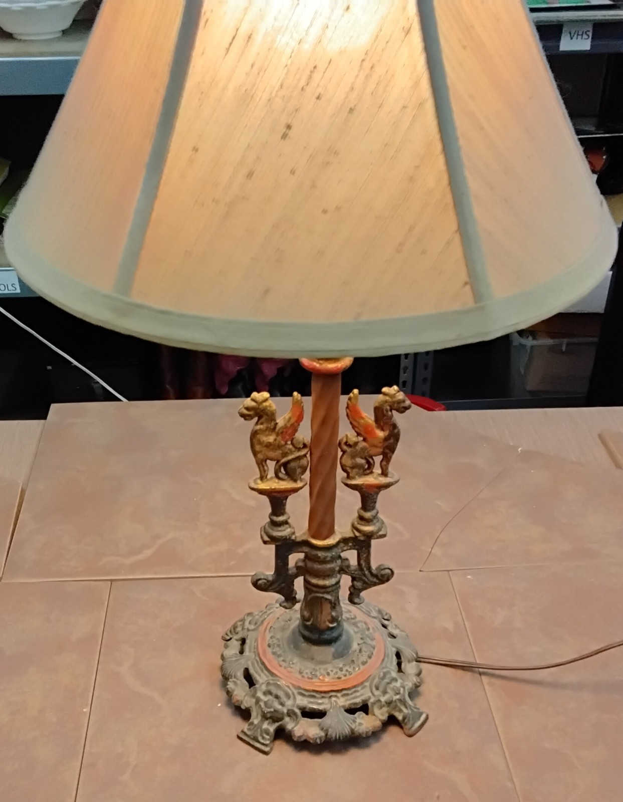 Antique Gold Cast Iron Table Lamp w/ Griffins Gothic Victorian MedievalNICE