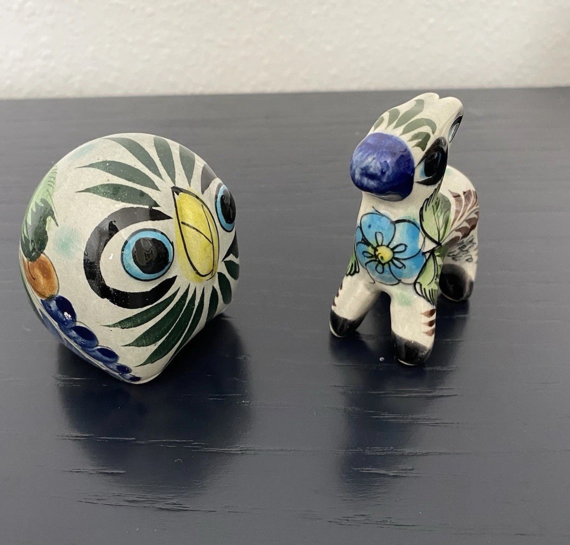 VTG 1970s Miniature Mexican Tonala Pottery Owl & Donkey Handmade Folk Art