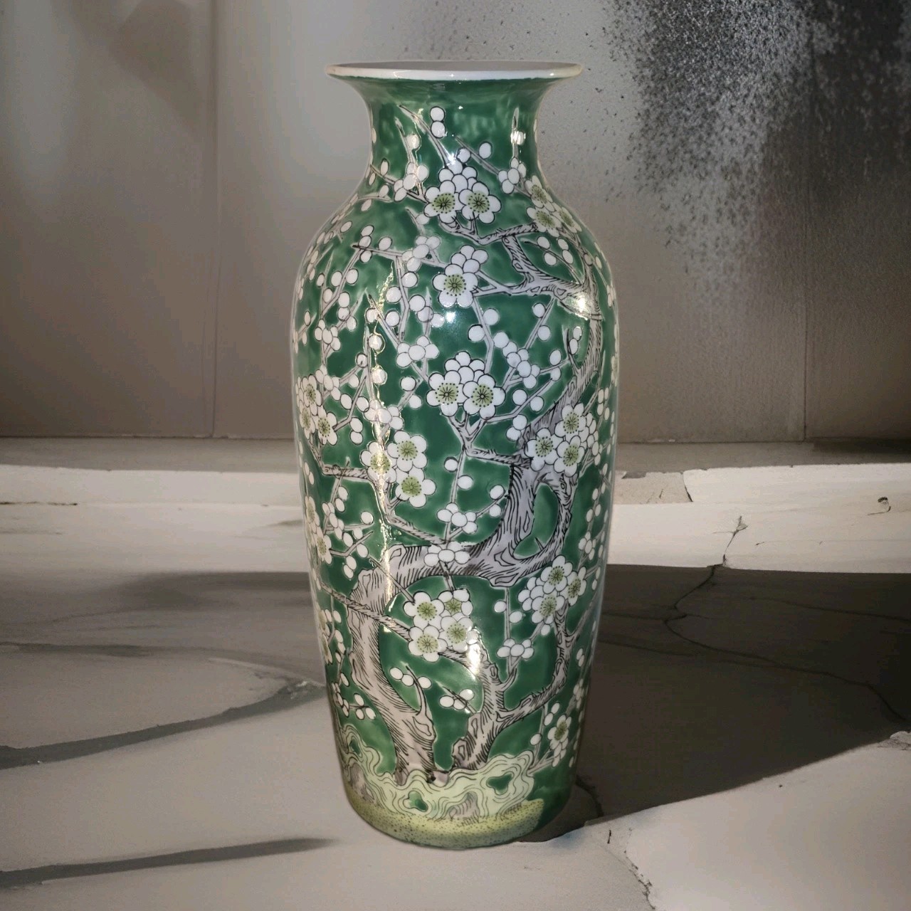 Mid Century Chinese Famille Verte Green White Cherry Blossom Baluster Vase 13.5\