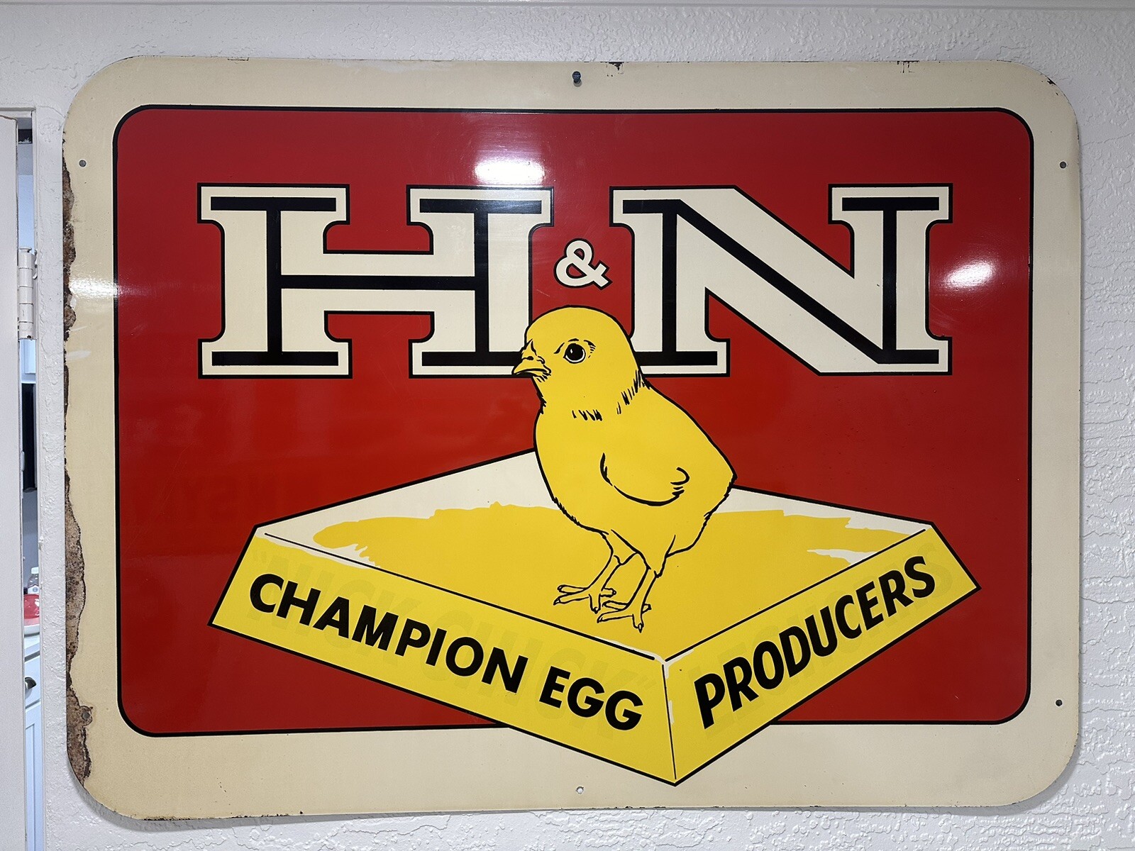 Vintage H&N Champion Egg Producers Painted Metal Sign Farm Original Rare 36x48