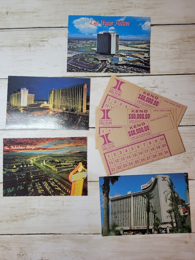 Vtg Las Vegas Postcards Lot 7Pc 1960s Hilton Dunes Keno Cards Strip MGM Grand
