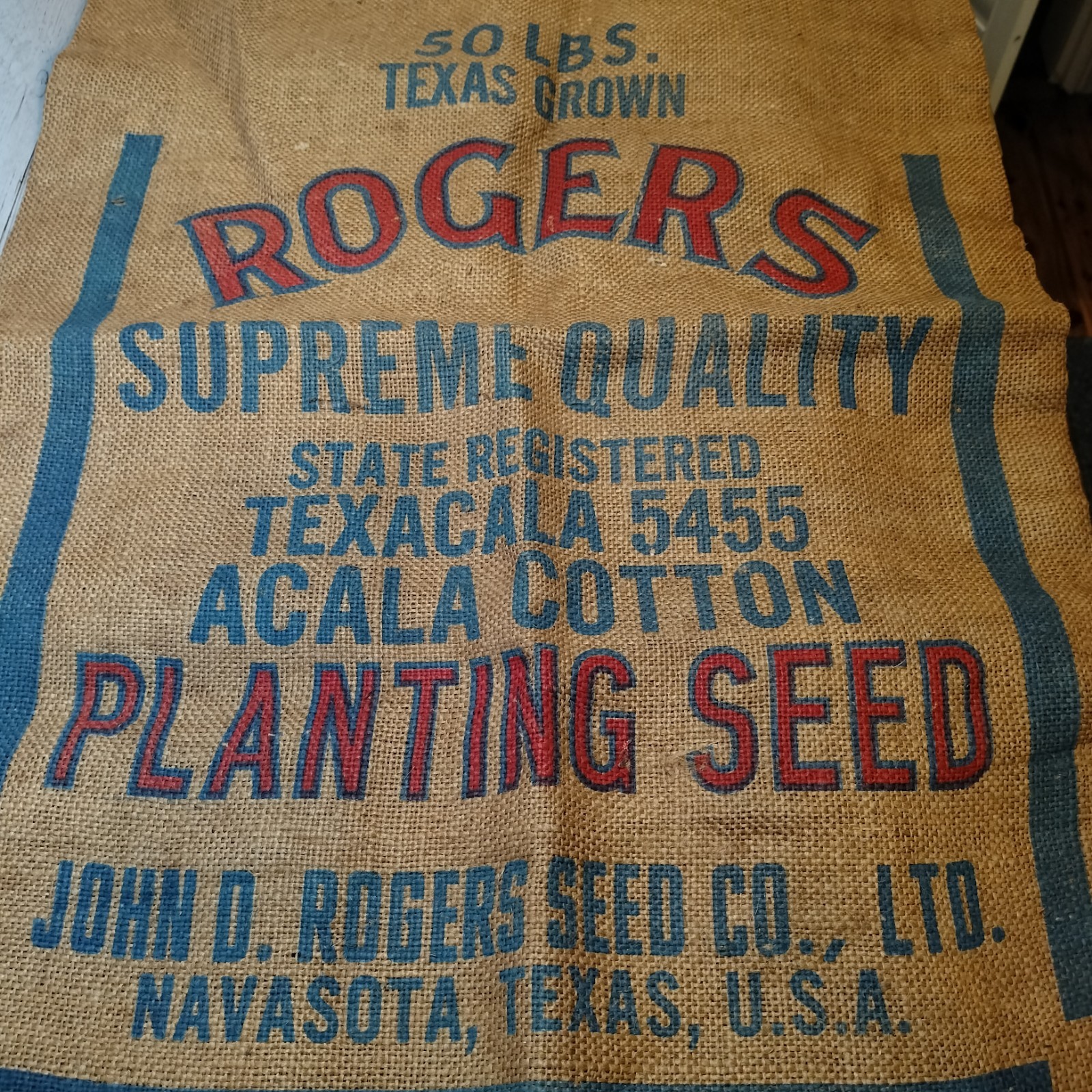 Vintage Rogers Cotton Planting Seed Burlap Bag Sack Navasota Texas Bemis Houston