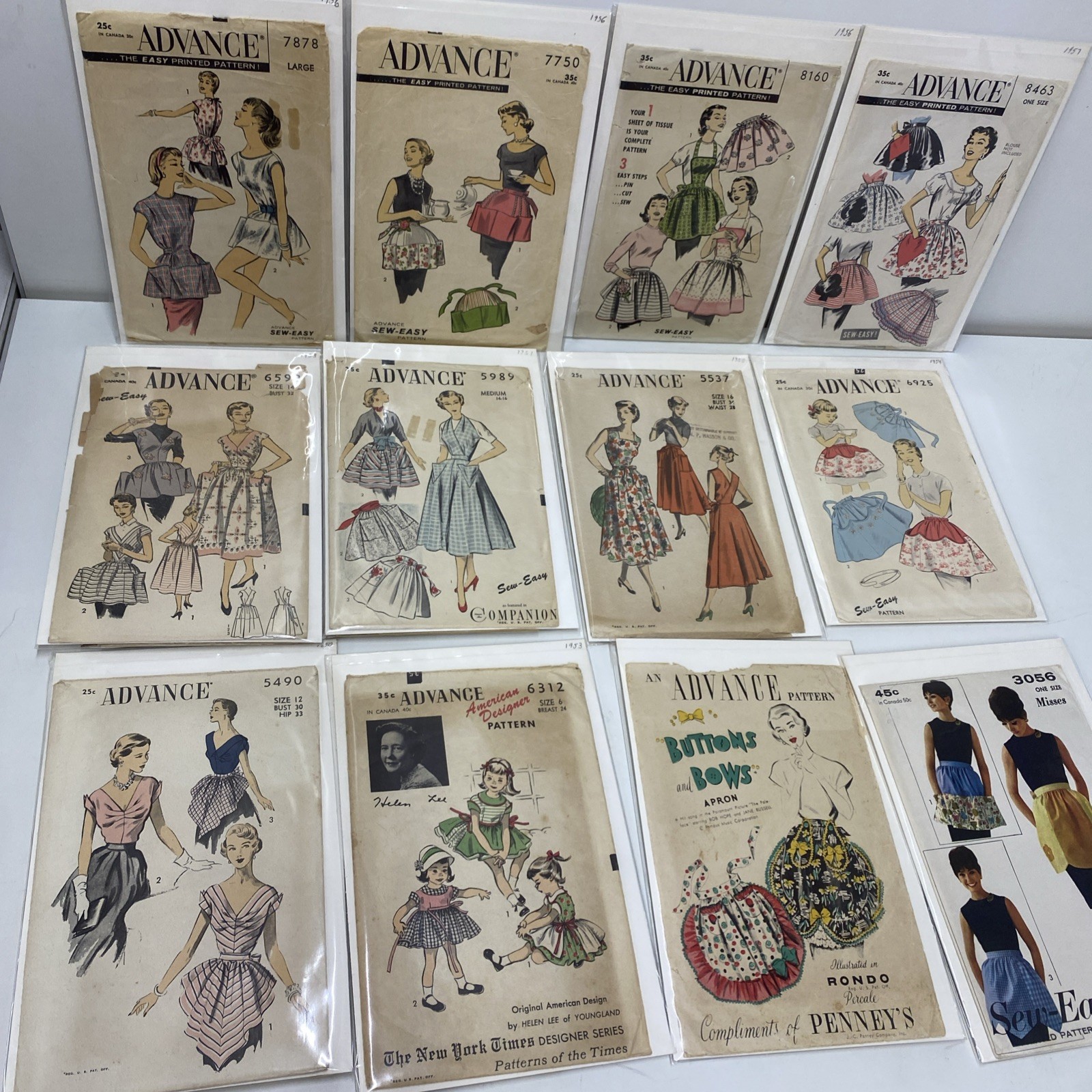 (12) Vintage Sewing Apron Dress Patterns Advance Uncut Bag Board 1950s