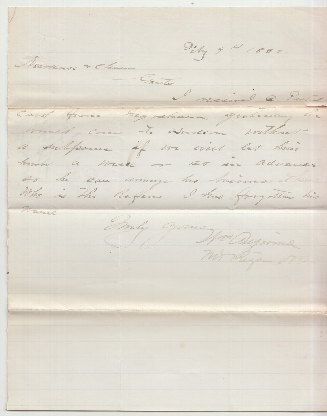1882 Mt Riga NY to Newkirk & Chase Handwritten Signed Letter