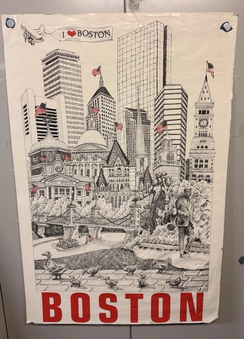 Vintage 1992 Boston Skyline Poster Jerome Rubin J Shea Line Art City Landmarks