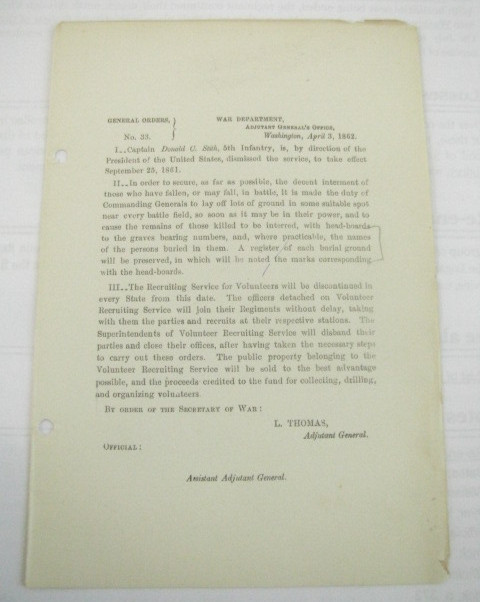 CIVIL WAR SOLDIER GRAVES UNION DEAD BURIAL MARKERS  ORDER 1862