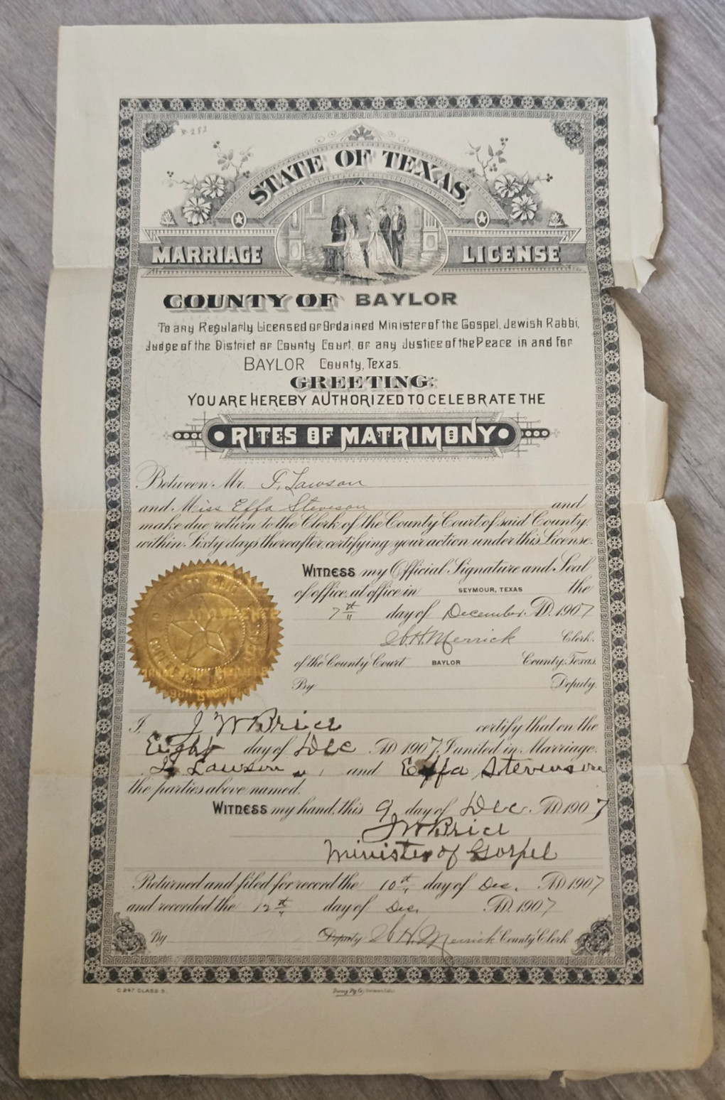 Antique Ephemera, Baylor TX Marriage License. 1907. Nice Seal J. & Effa Lawson.