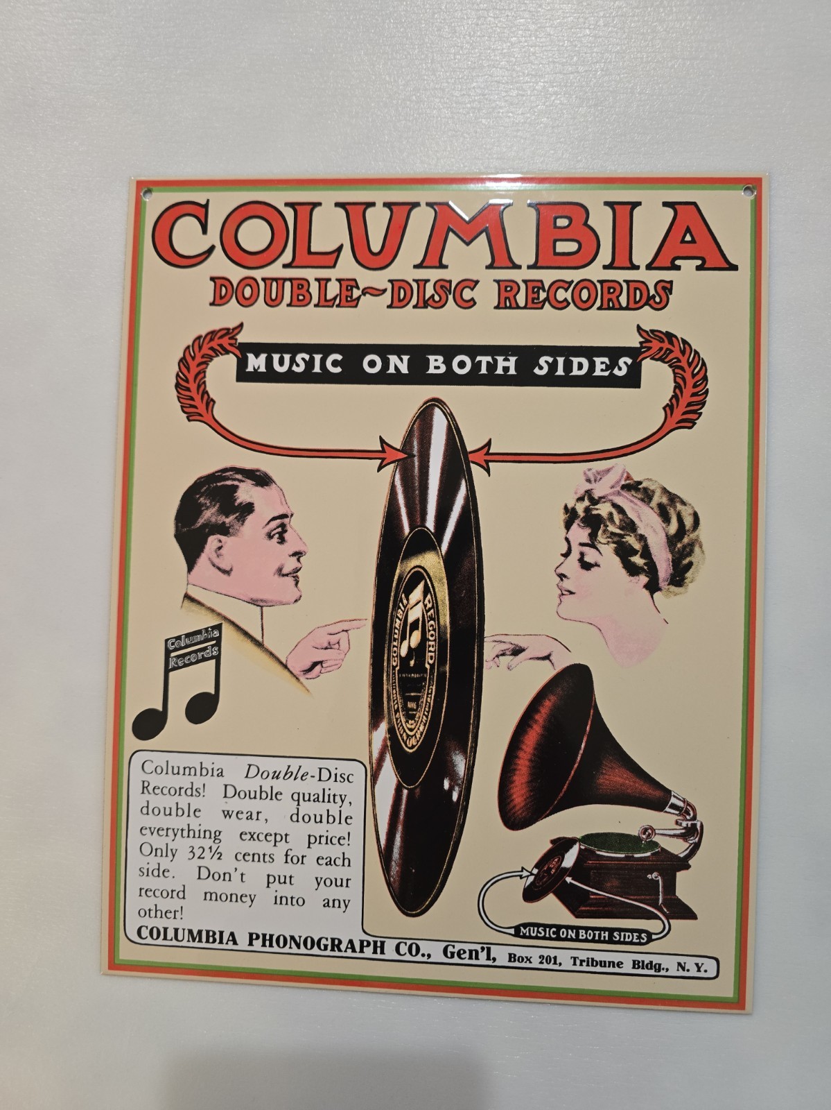 Vintage Columbia Phonograph Co. Records Enamel & Metal Heavy Advertising Sign