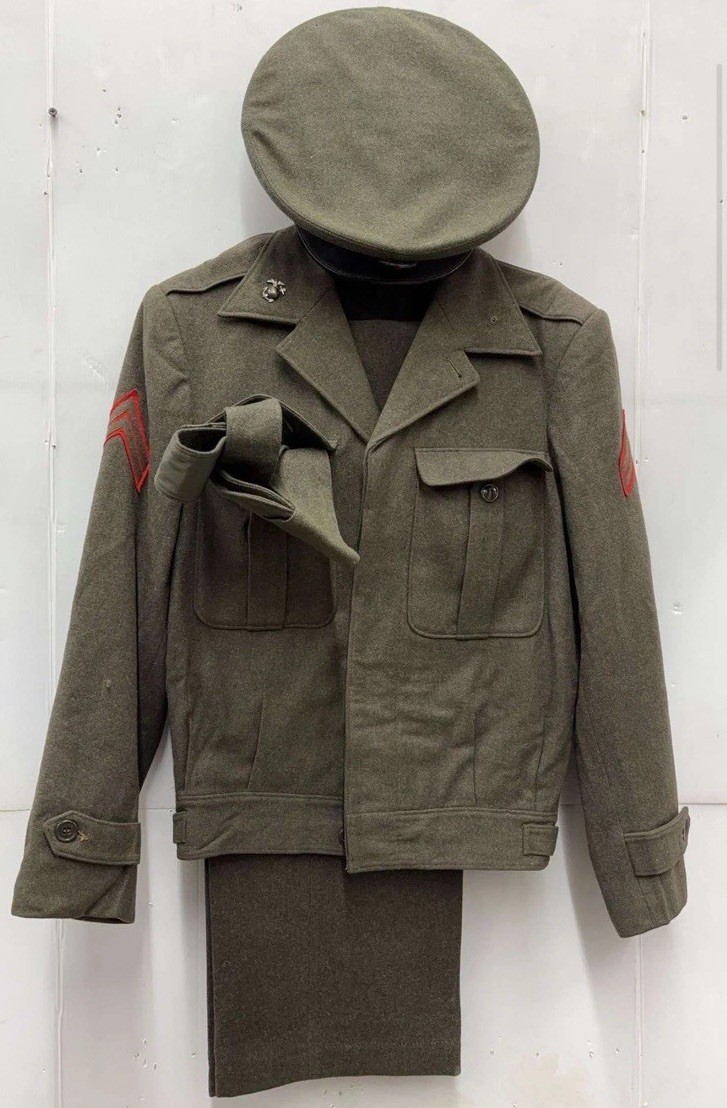 USMC WWII/KOREA EISENHOWER IKE JACKET AND BUTTON FRONT PANTS w/ HAT AND PATCHES
