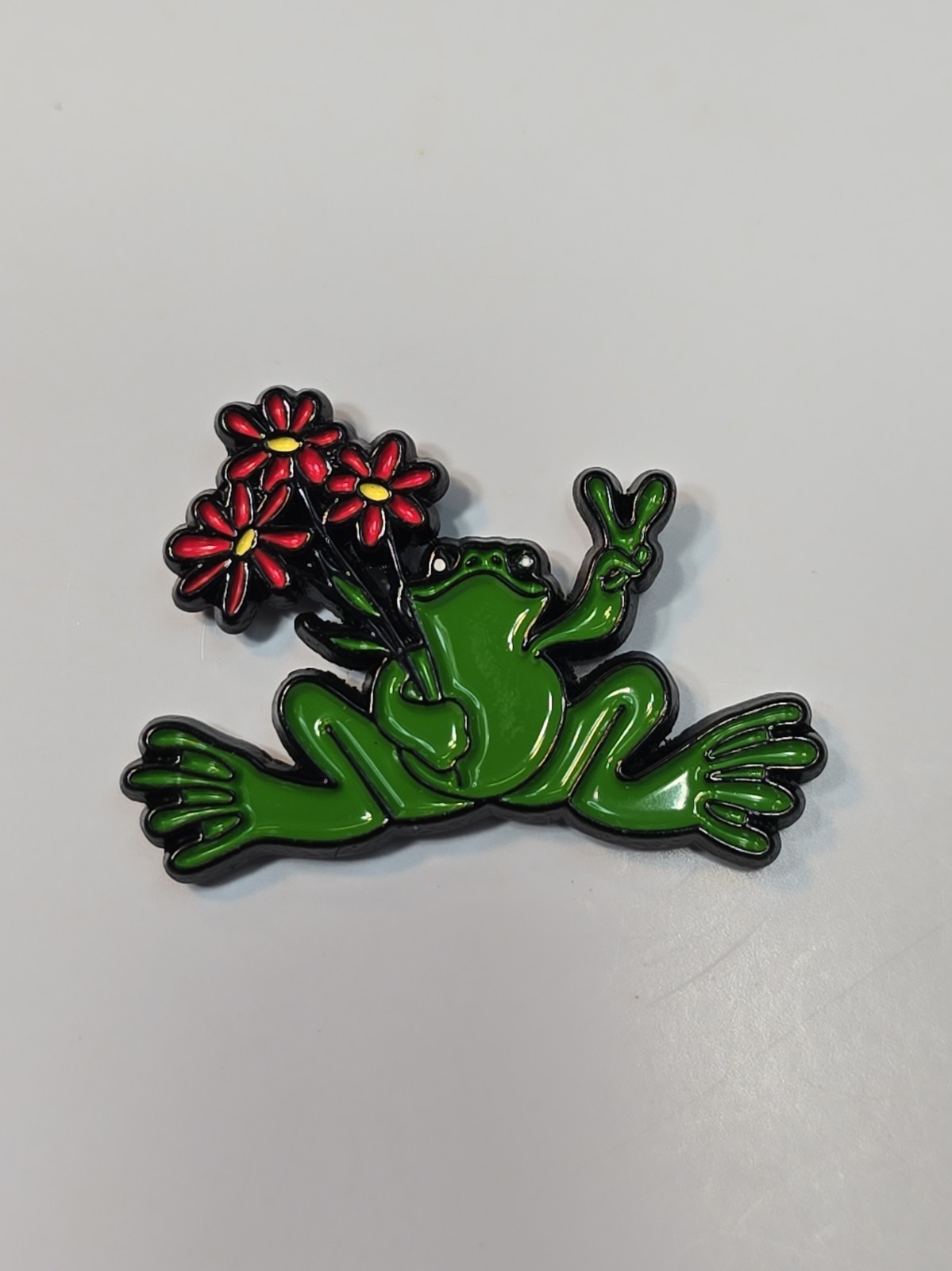 Peace Frog Lapel Pin w/ Pink Flowers & Hand Peace Sign