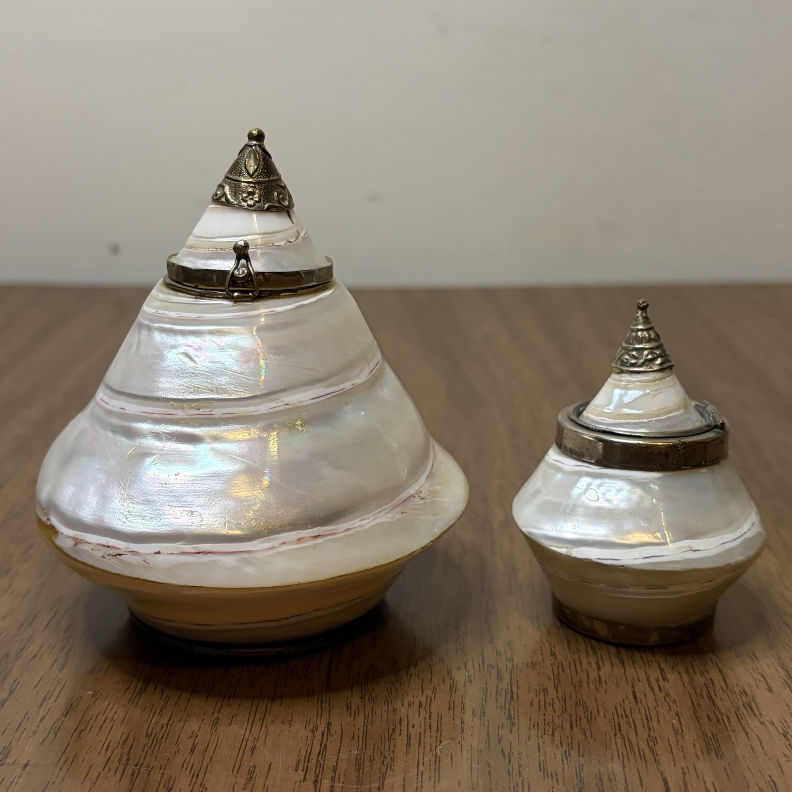 Antique Mother of Pearl Shell Trinket Snuff Boxes Hinged Lids Set of 2