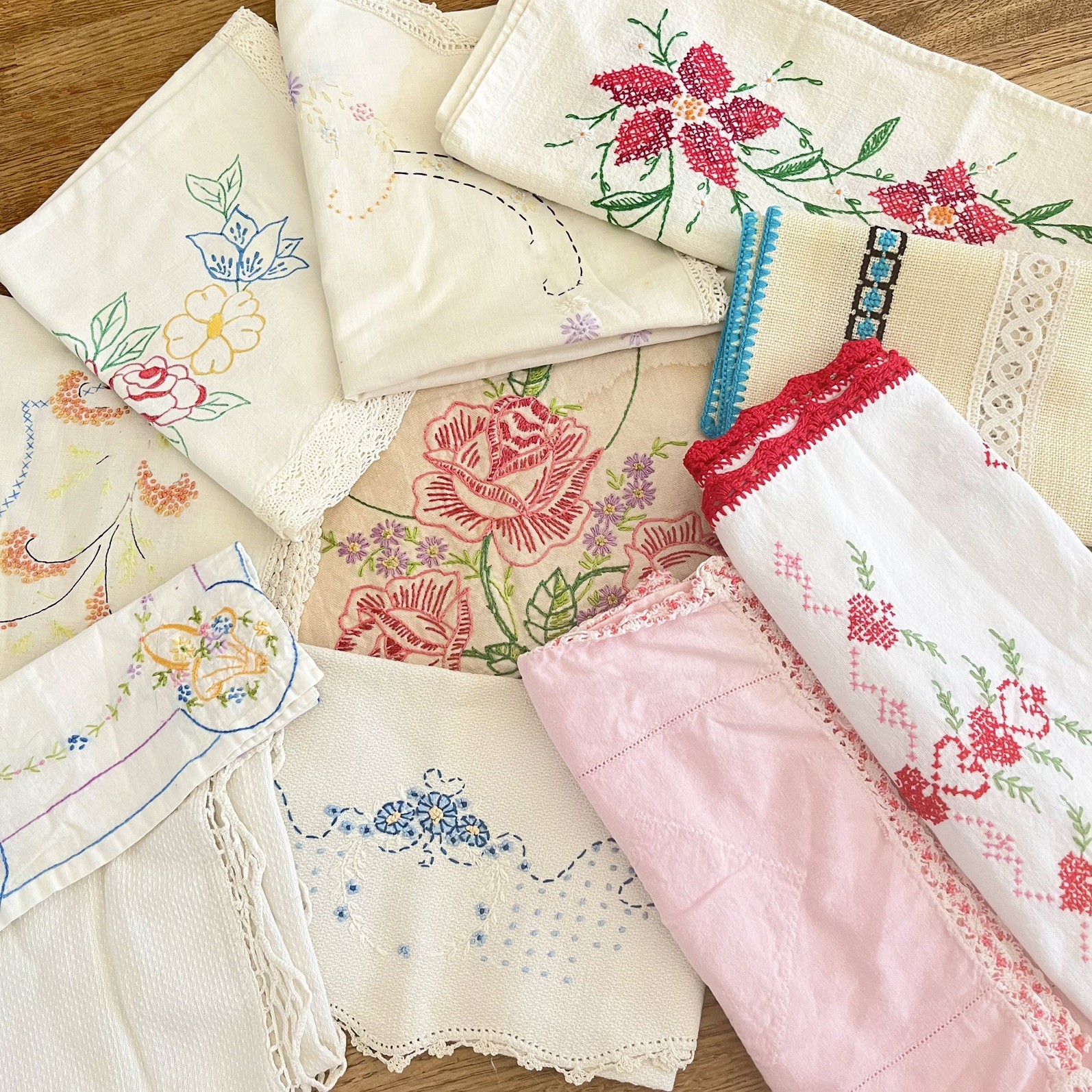 Vintage lot of 11 Embroidered Table Cloth Runner Linen *Flawed for cutting 