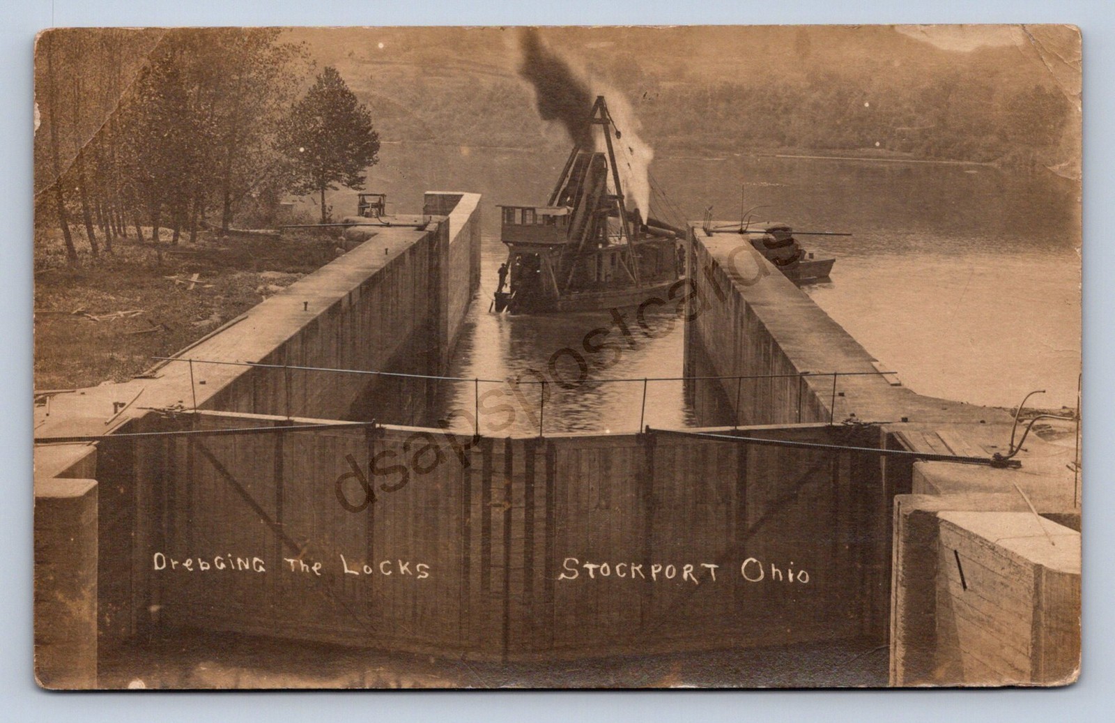 J87/ Stockport Ohio RPPC Postcard c1910 Morgan Co Dredging Canal Locks 1671