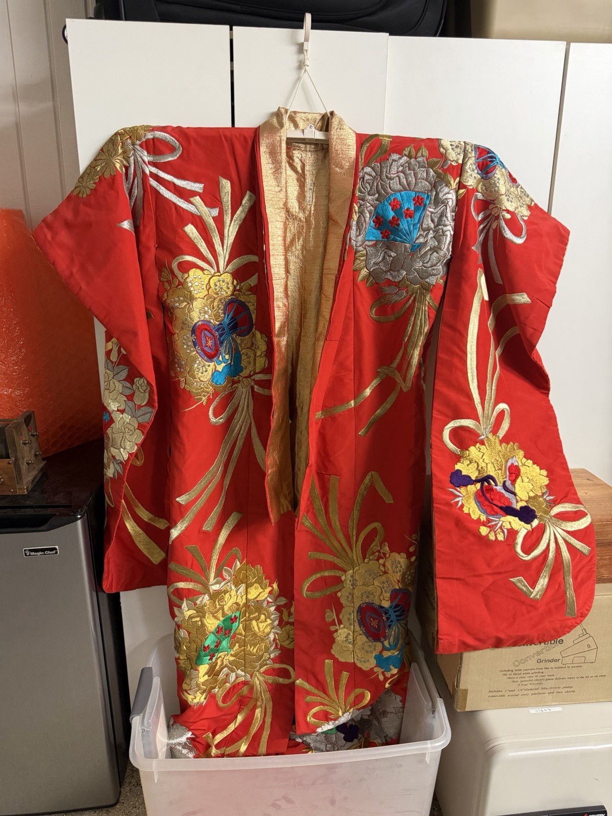 Vintage Silk Kusudama Uchikake Japanese Bridal Kimono Gold Floral Formal Brocade