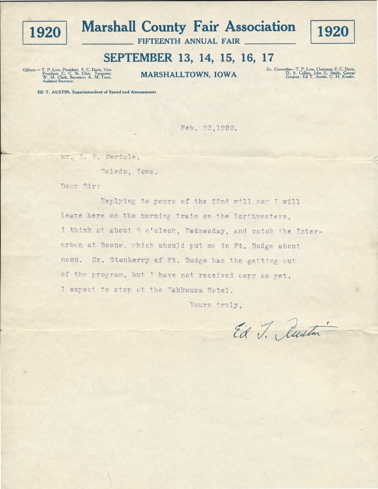 DATED 1920 MARSHALLTOWN IA THEIR 15TH ANNUAL COUNTY FAIR LETTER