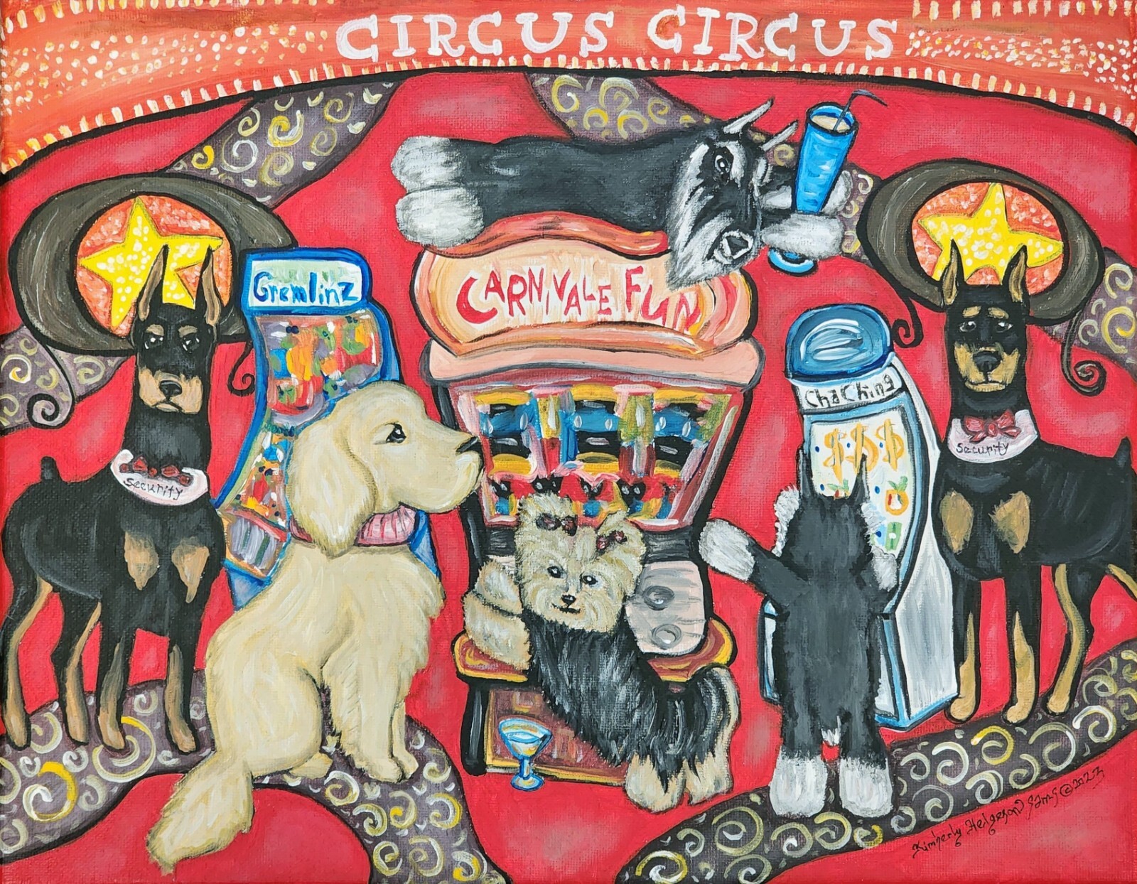 Dogs in Vegas Art 11x14 Print Signed by Artist KSams Doberman Schnauzer Golden